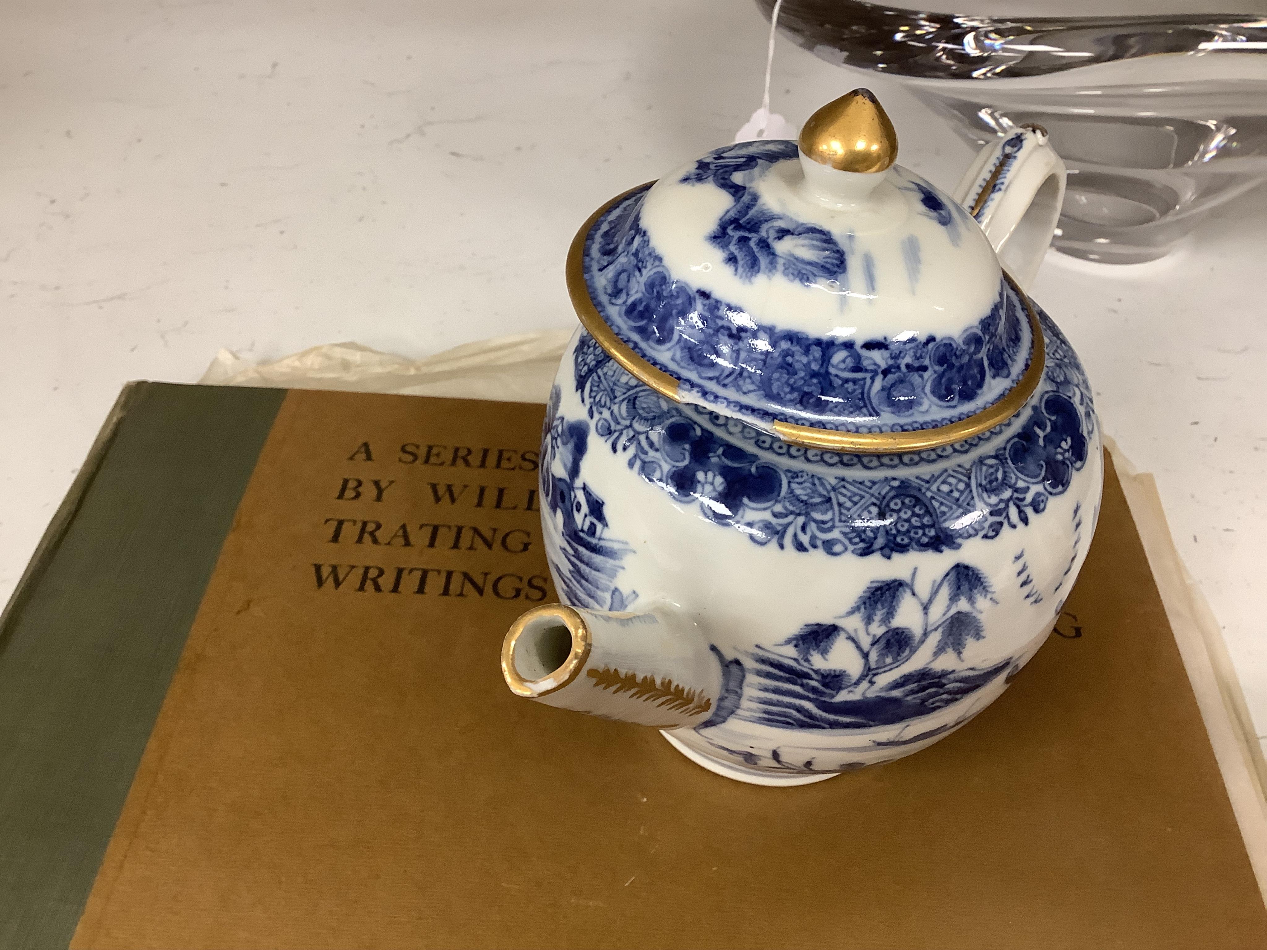 A Chinese blue and white teapot and cover, a prunus dish and an Imari patterned dish, all 18th century, teapot 19cm high. Condition - prunus dish and teapot cover chipped